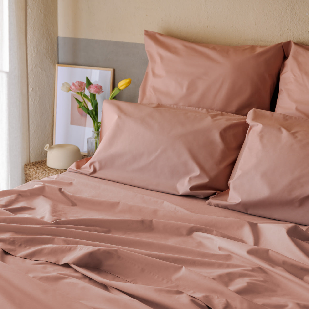 Sábana bajera ajustable lisa Rosa cama 160 cm - 160x190/200 cm, 100%  algodón.